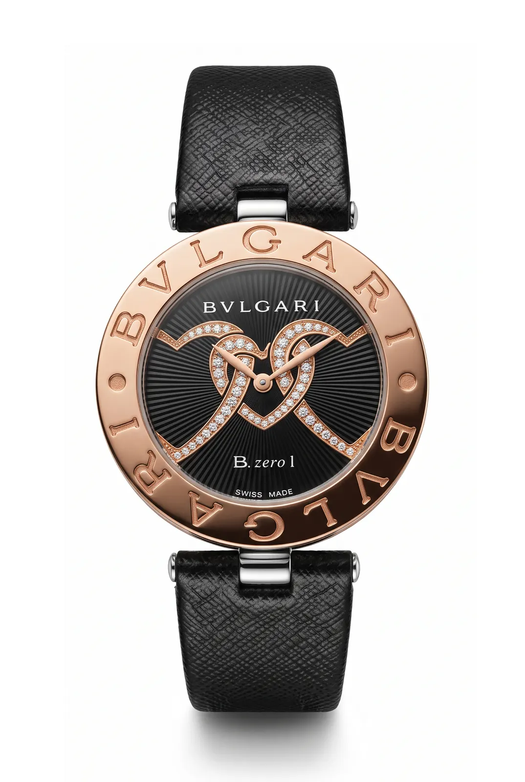 Reloj BULGARI B.ZERO1 BZP35S de frente, dial negro con diamantes, acero y oro rosa, correa de cuero negro, alta gama