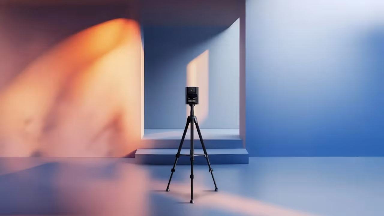 Black tripod with a mounted camera in an empty, softly lit room with blue and warm peach walls.