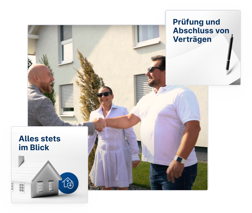 Immobilienmakler beim Vertragsabschluss vor einem Haus mit Handschlag