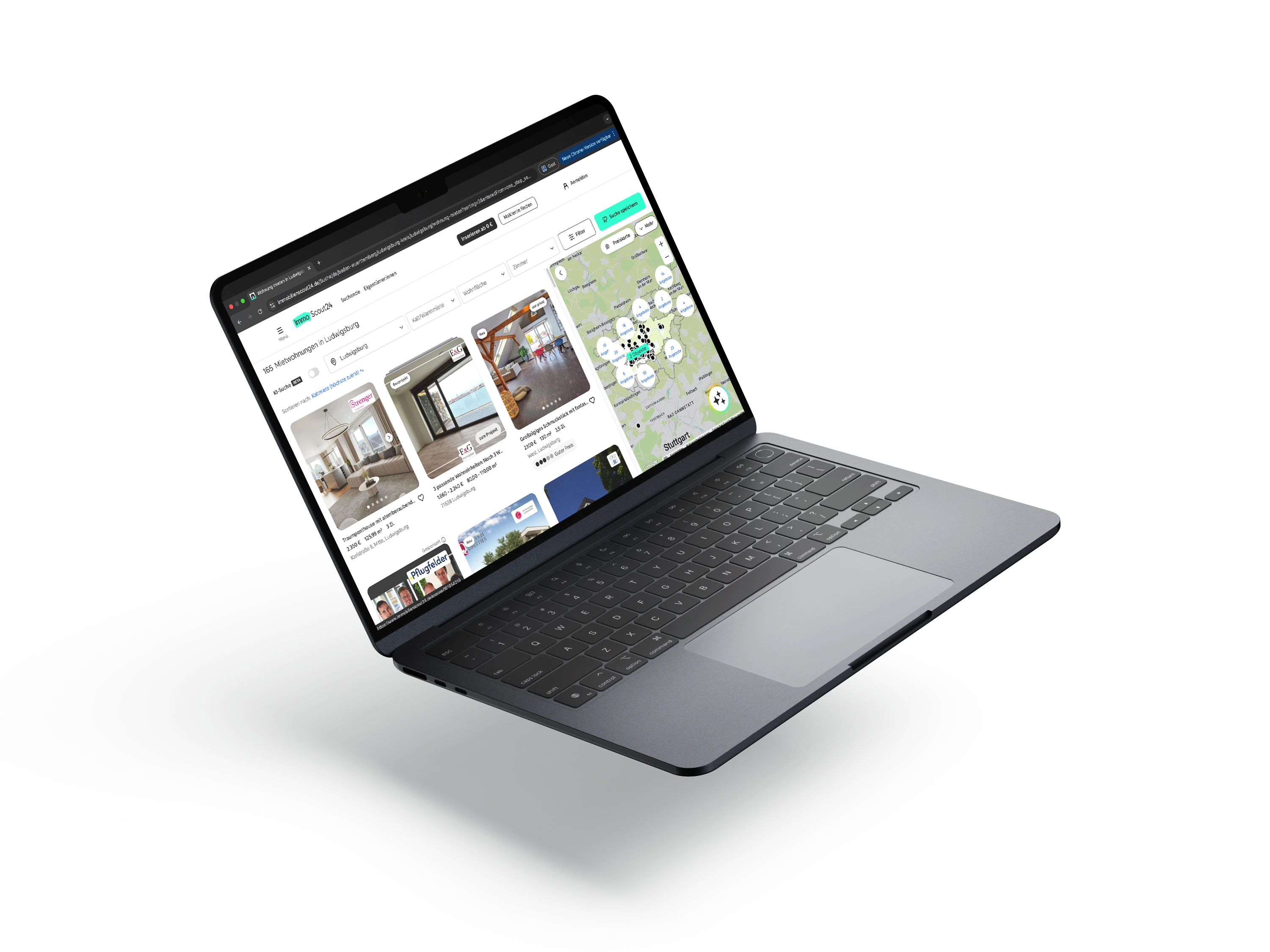 Moderner Laptop mit geöffneter Immobiliensuche-Webseite und Kartenansicht