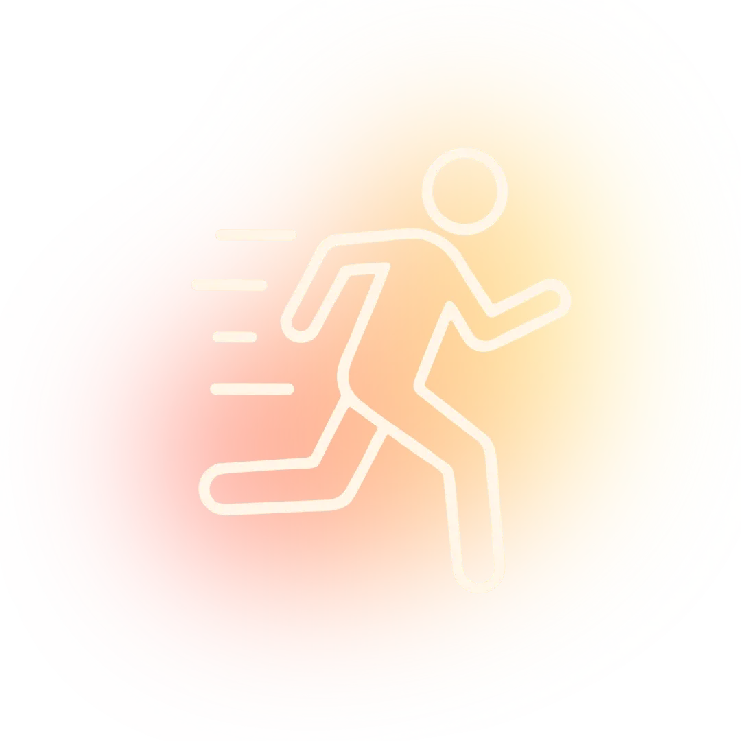 White line icon of a running person with speed lines on an orange-gradient background.