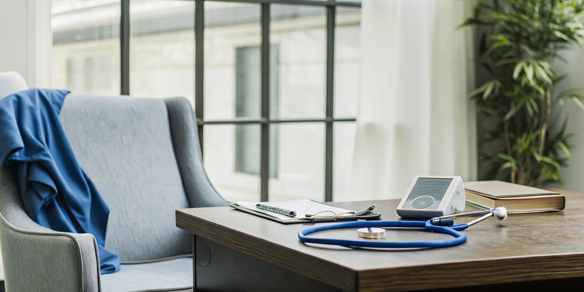 Stethoscope and clipboard on the desk of a concierge doctor's modern office.