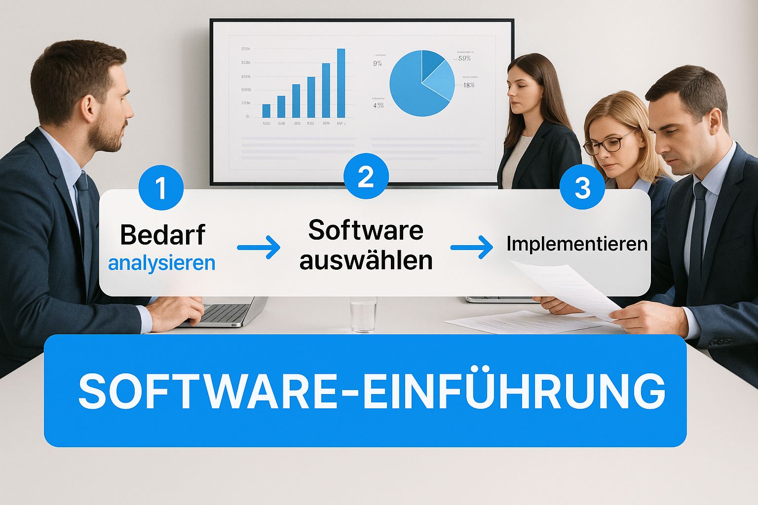 Infografik zur strategischen Einführung von Software für das papierlose Büro in einem Meetingraum.