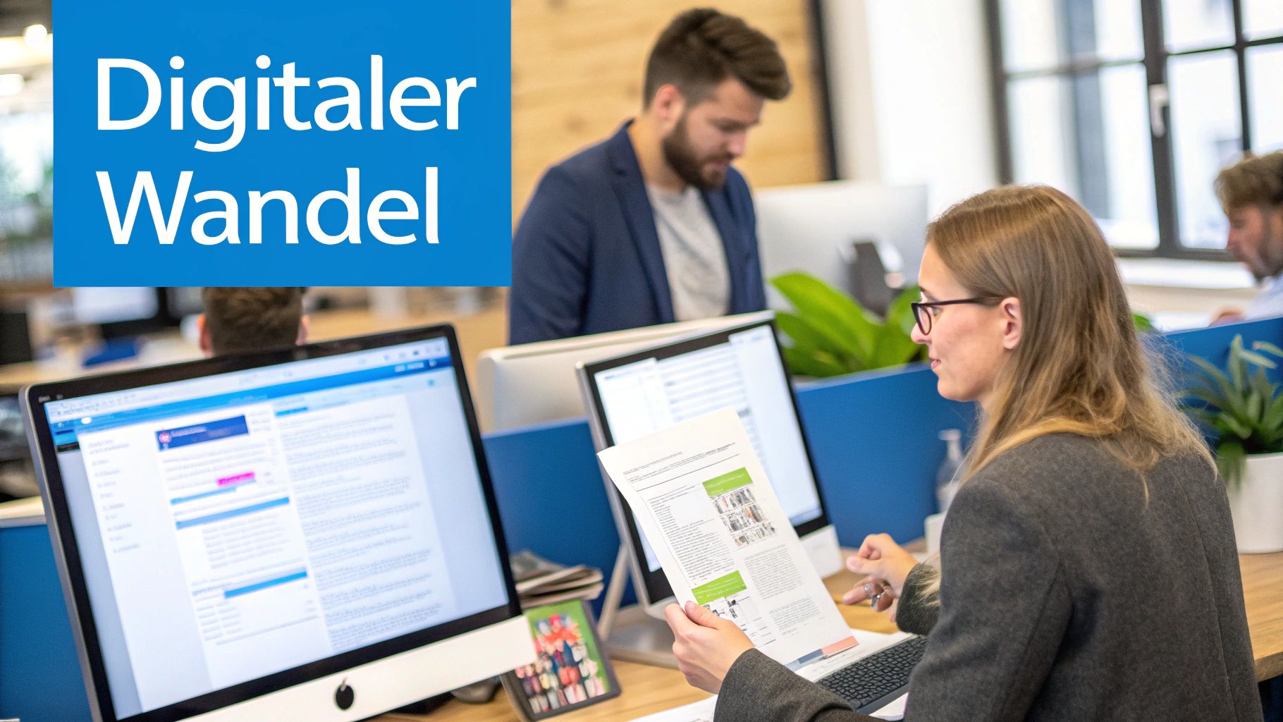 Eine Person sortiert Dokumente in einem modernen Büro, umgeben von digitalen Geräten, was den Übergang zu einem papierlosen Büro symbolisiert.