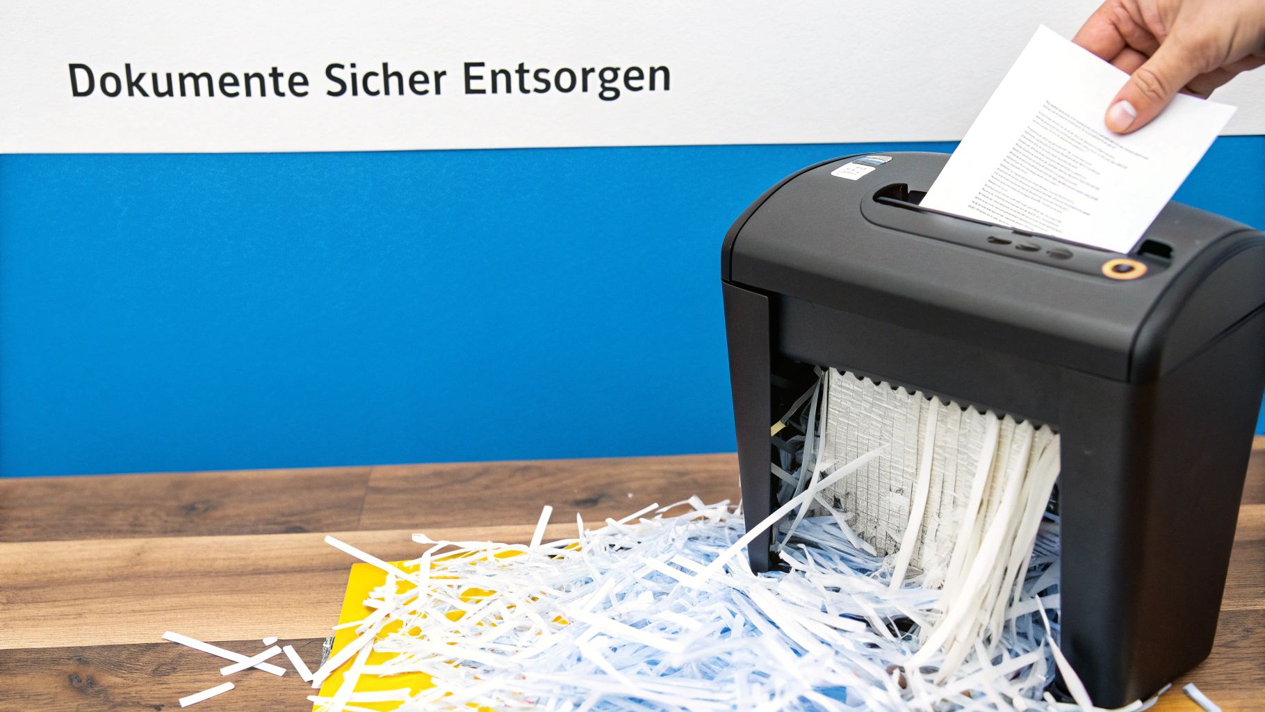 Ein moderner Aktenvernichter steht neben einem Stapel Papier, bereit zur sicheren Entsorgung von Dokumenten.
