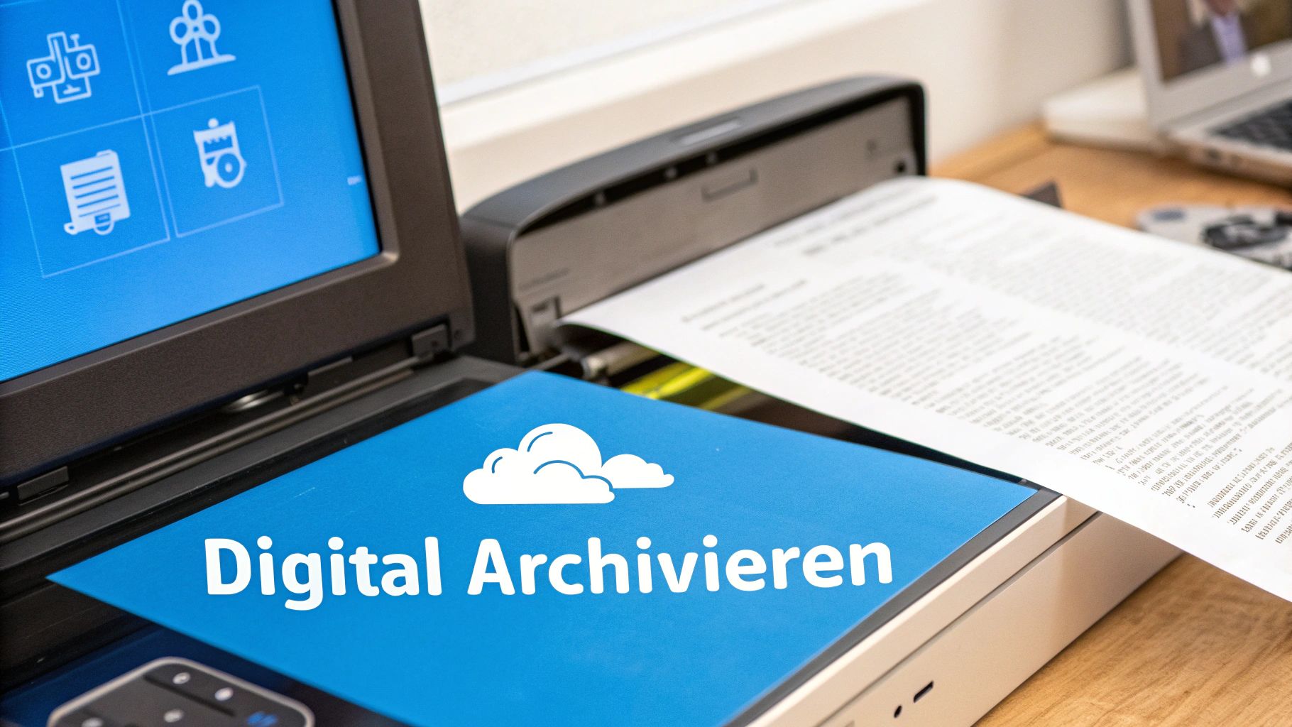 Eine Person scannt ein Dokument, das dann digital und sicher auf einem Cloud-Server gespeichert wird.