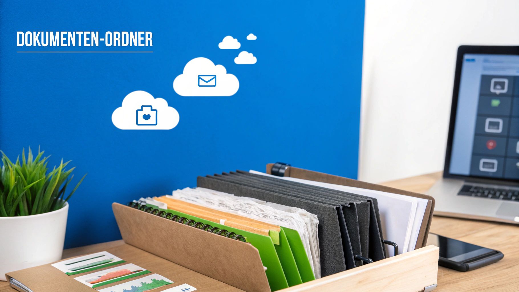 Eine Person sortiert digitale Dokumente auf einem Tablet, was eine gute Organisation symbolisiert.
