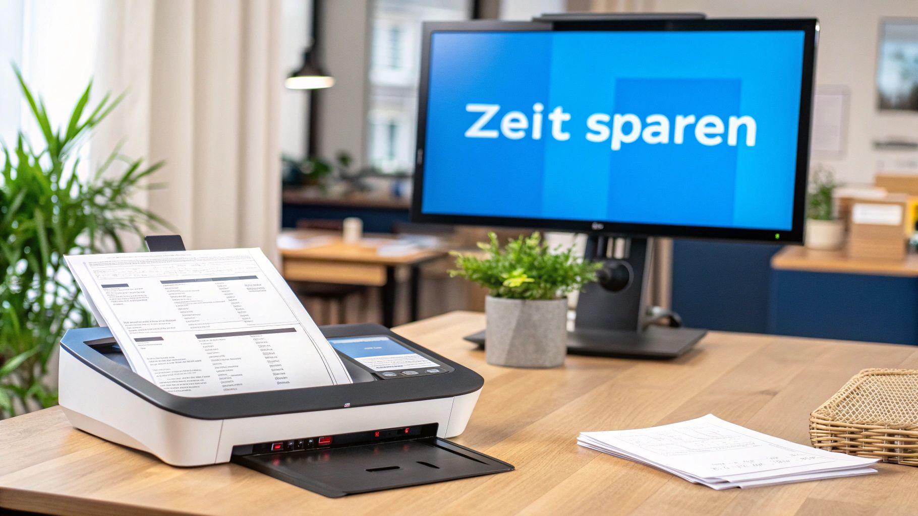Eine Person scannt Rechnungen mit einem Smartphone, während im Hintergrund ein Laptop mit einer Buchhaltungssoftware zu sehen ist.