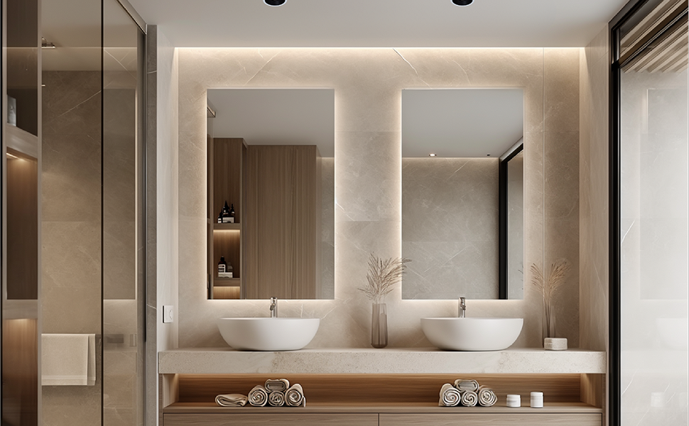 Designer bathroom with floating vanity, rolled towels, and soft LED mirror lighting