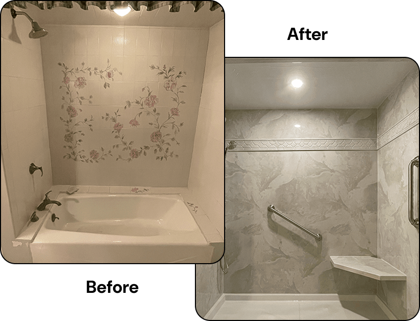 before and after tub to shower conversion with waterproof wall panels and modern bathroom remodel