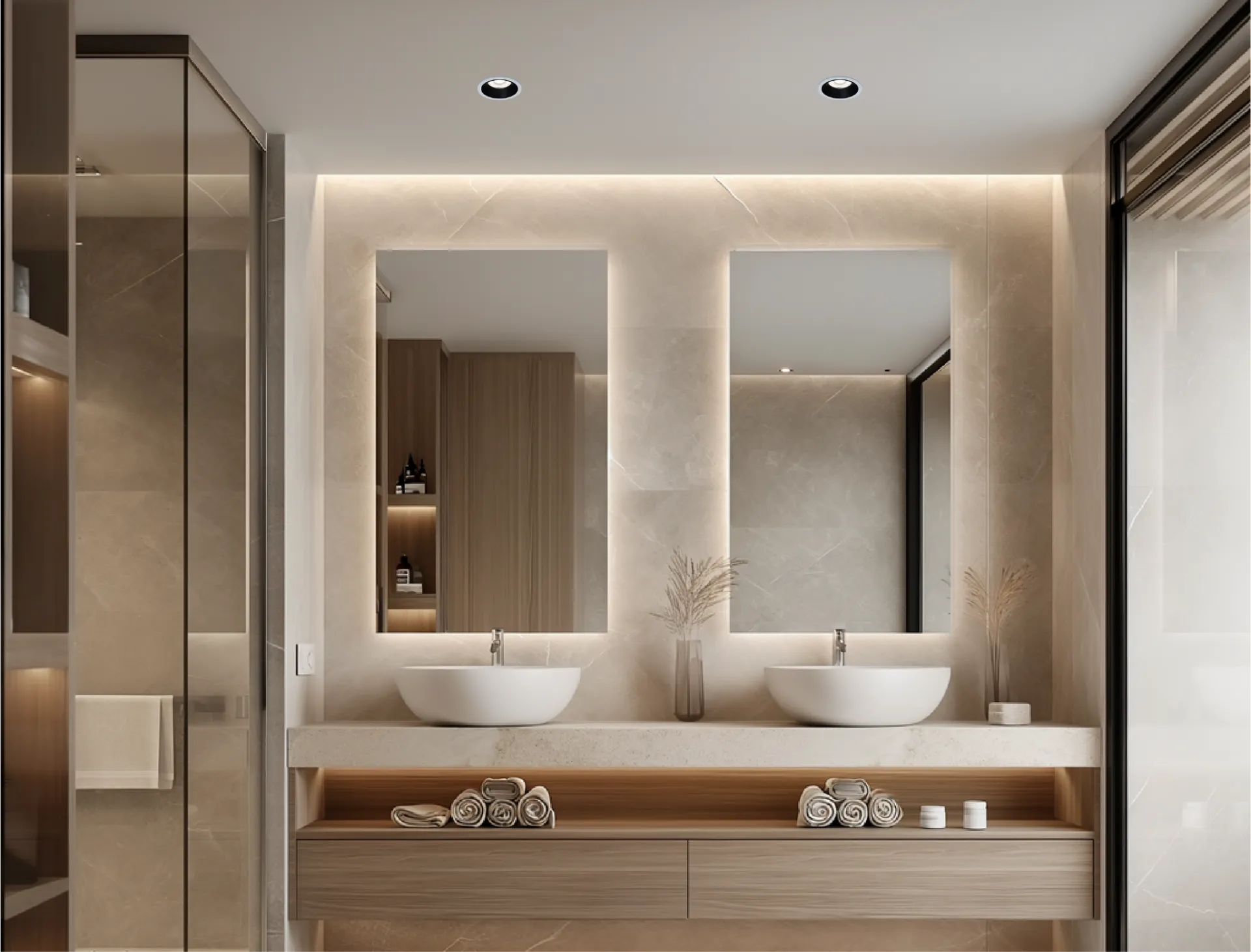 Stone Look FIBO panels with niche and soft close shower door