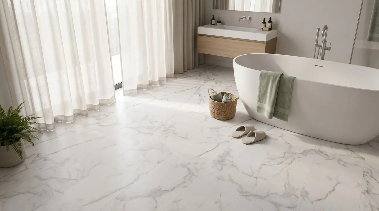 Bathroom with floating vanity, free standing tub, and tile look waterproof flooring