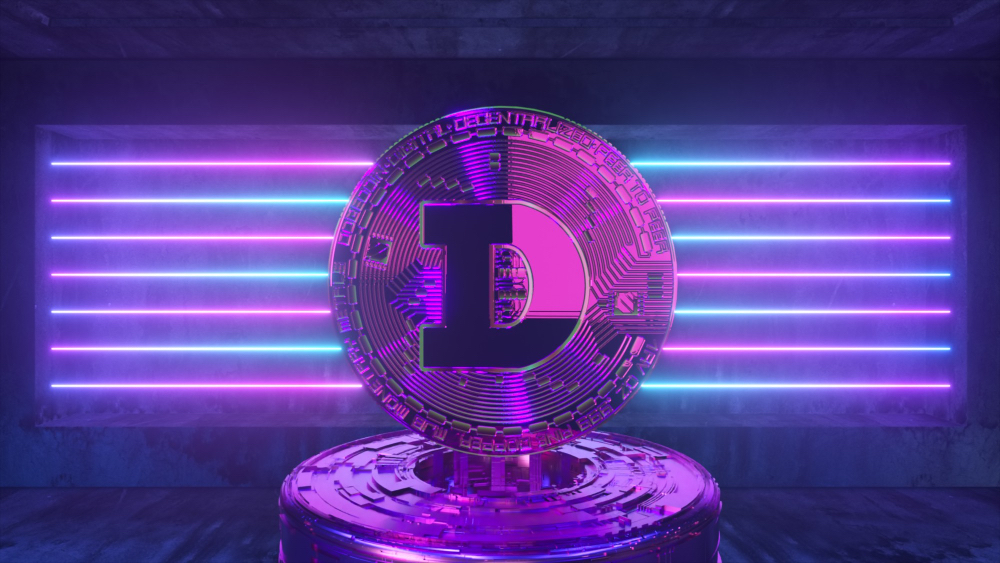 web3 token or NFT symbol illuminated in purple and pink neon lights against a dark futuristic background with horizontal light bars.
