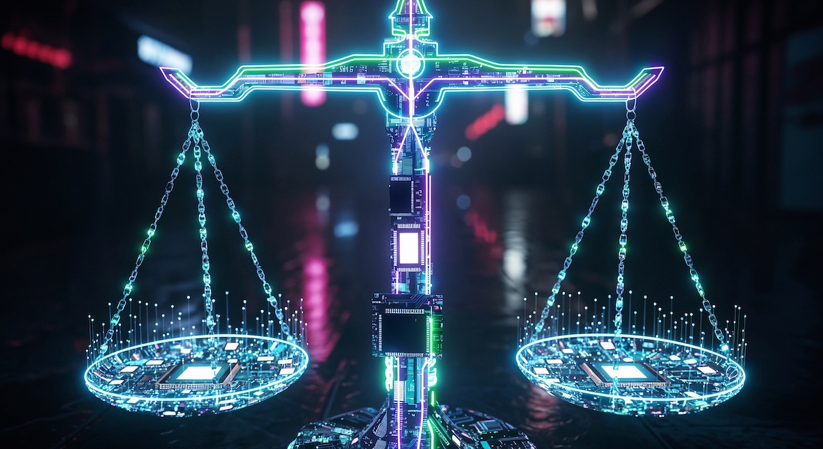 Neon-lit digital scales of justice linked to web3 regulation articles