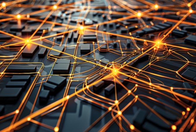 web3 technology infrastructure or smart contract decentralized network represented by glowing orange lines and nodes