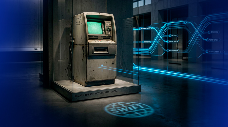 A decommissioned ATM displayed in a museum case