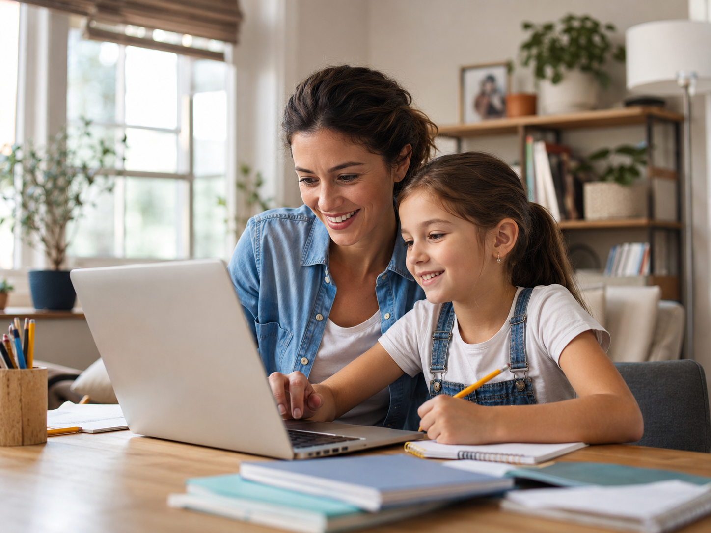 Mother and daughter smiling while using a laptop at a table with books and notebooks for studying.