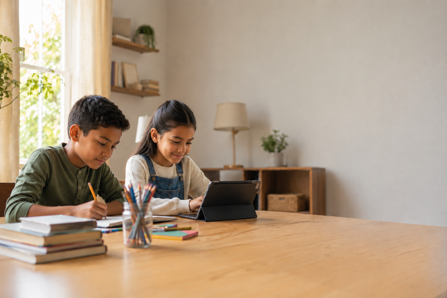 Two children studying at a wooden table with books, pencils, and a tablet in a bright room.