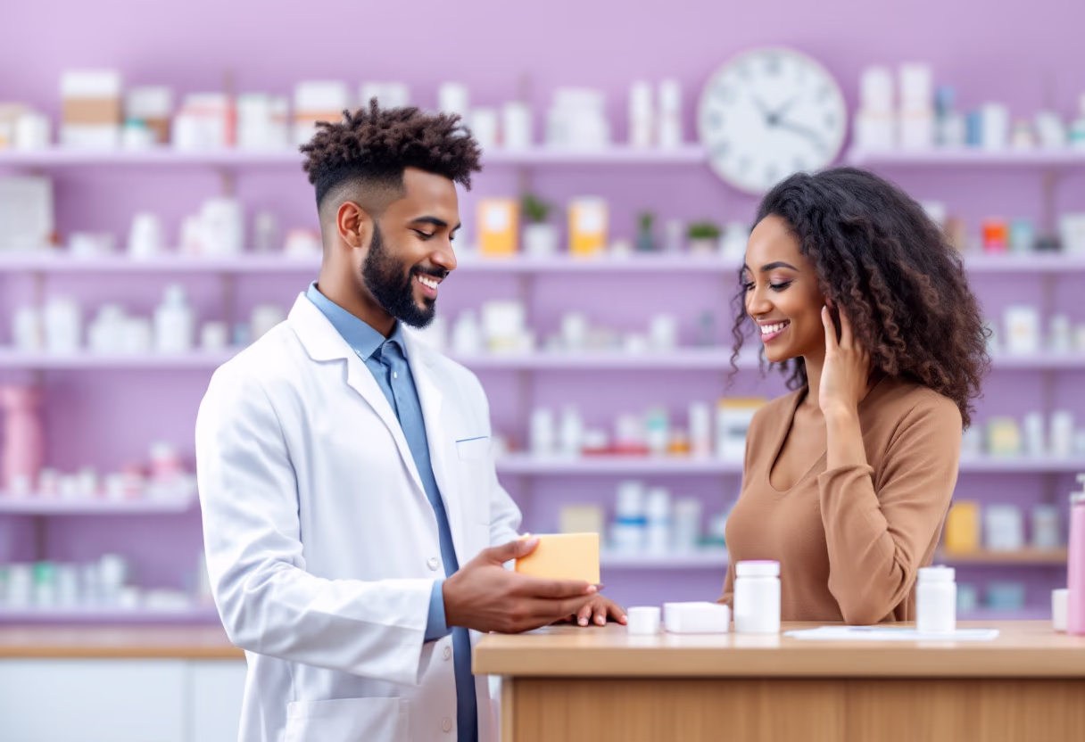 high resolution 4k photo of pharmacist explaining medication to a customer