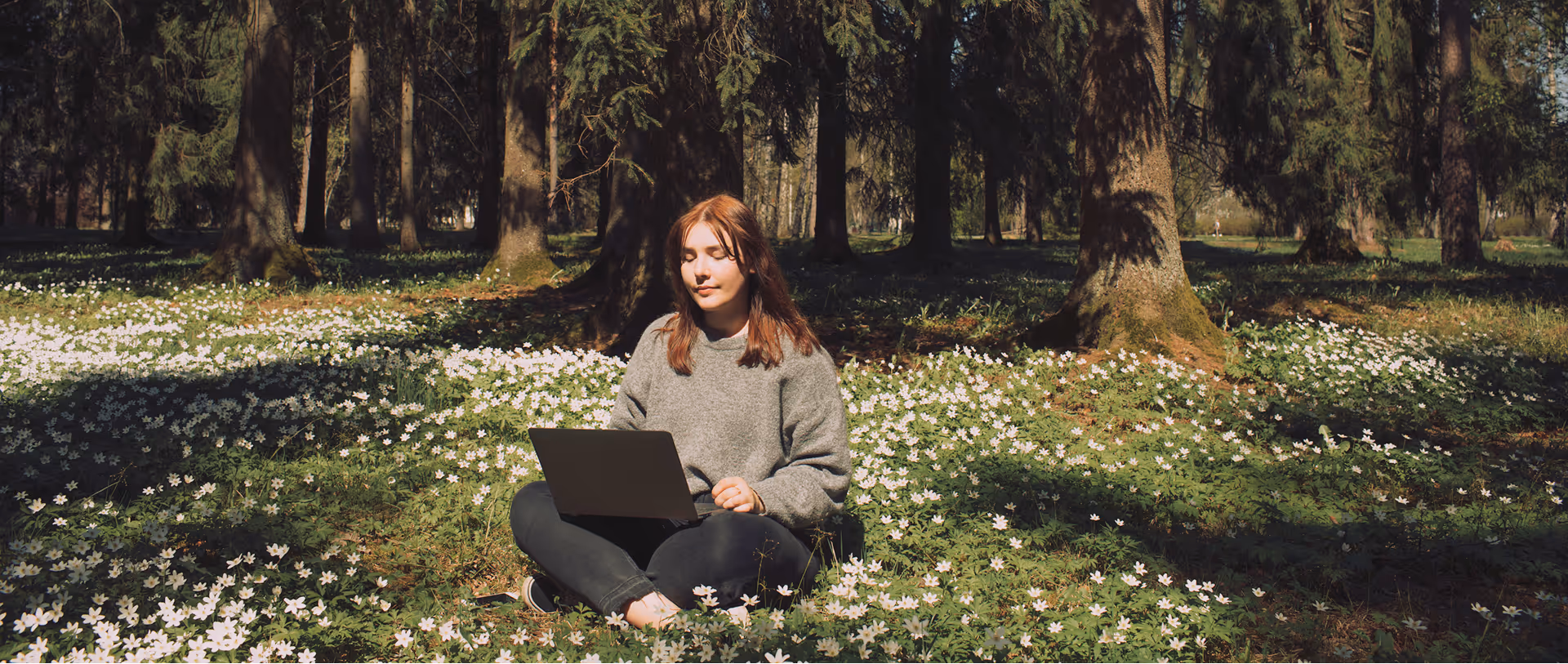 A woman in a cozy sweater working on a laptop in the middle of a treed forest with white flowers surrounding her.