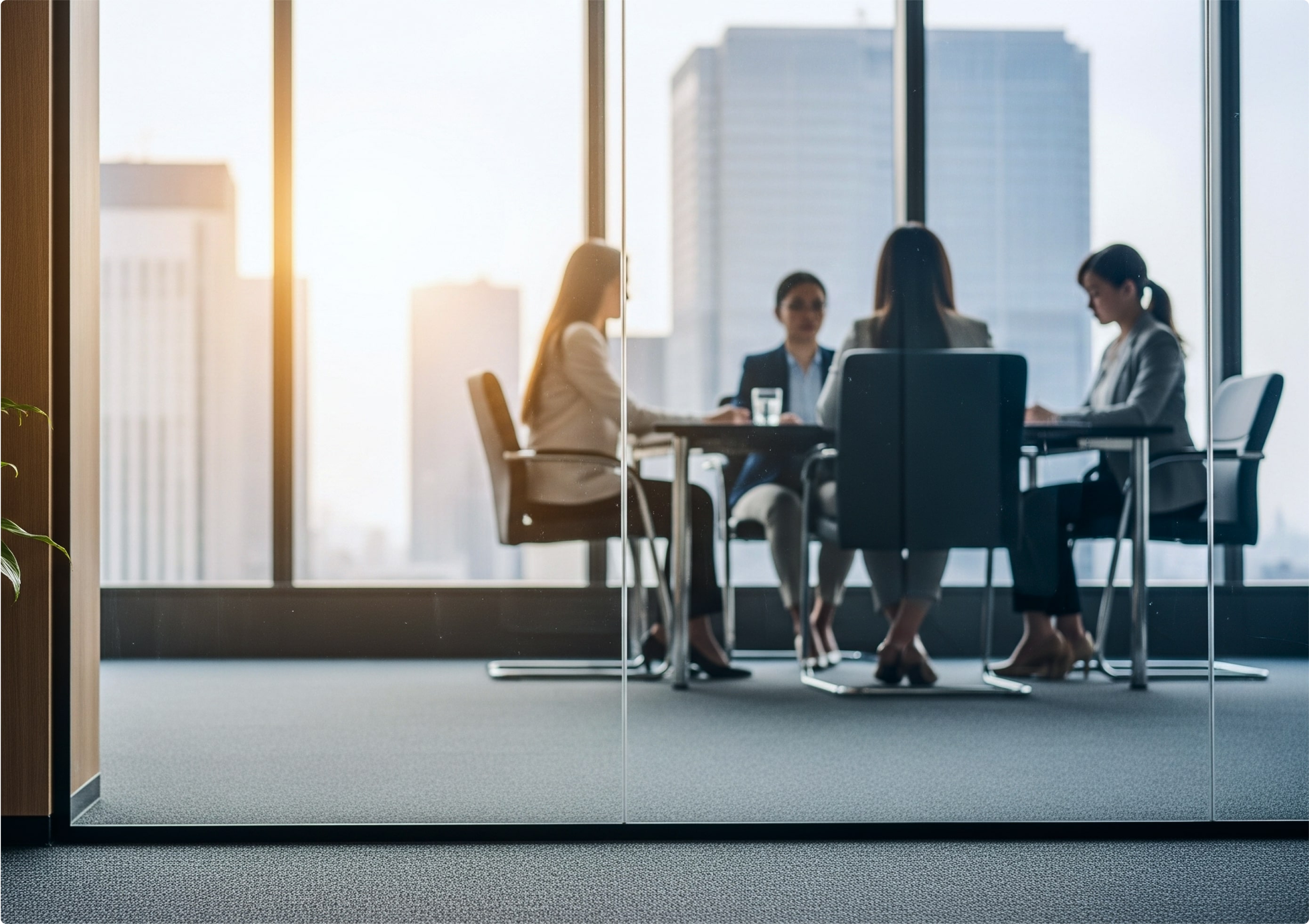 Four businesswomen sitting around a table in a glass-walled office with city skyscrapers visible outside.