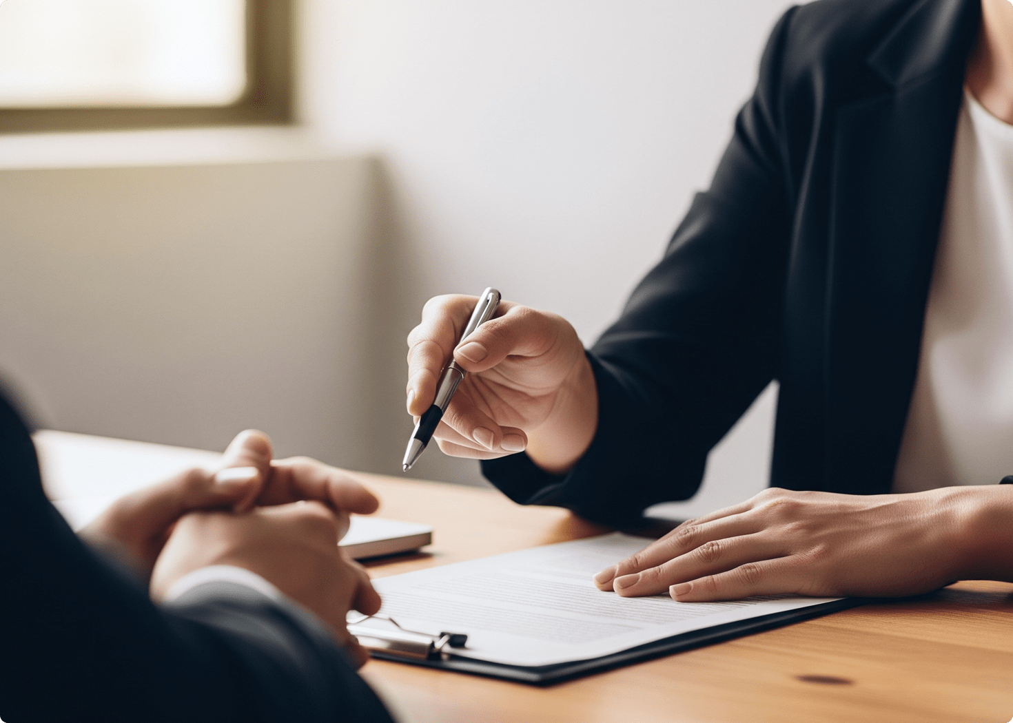 Person in a black blazer pointing at a document on a clipboard during a discussion at a wooden table with another person.