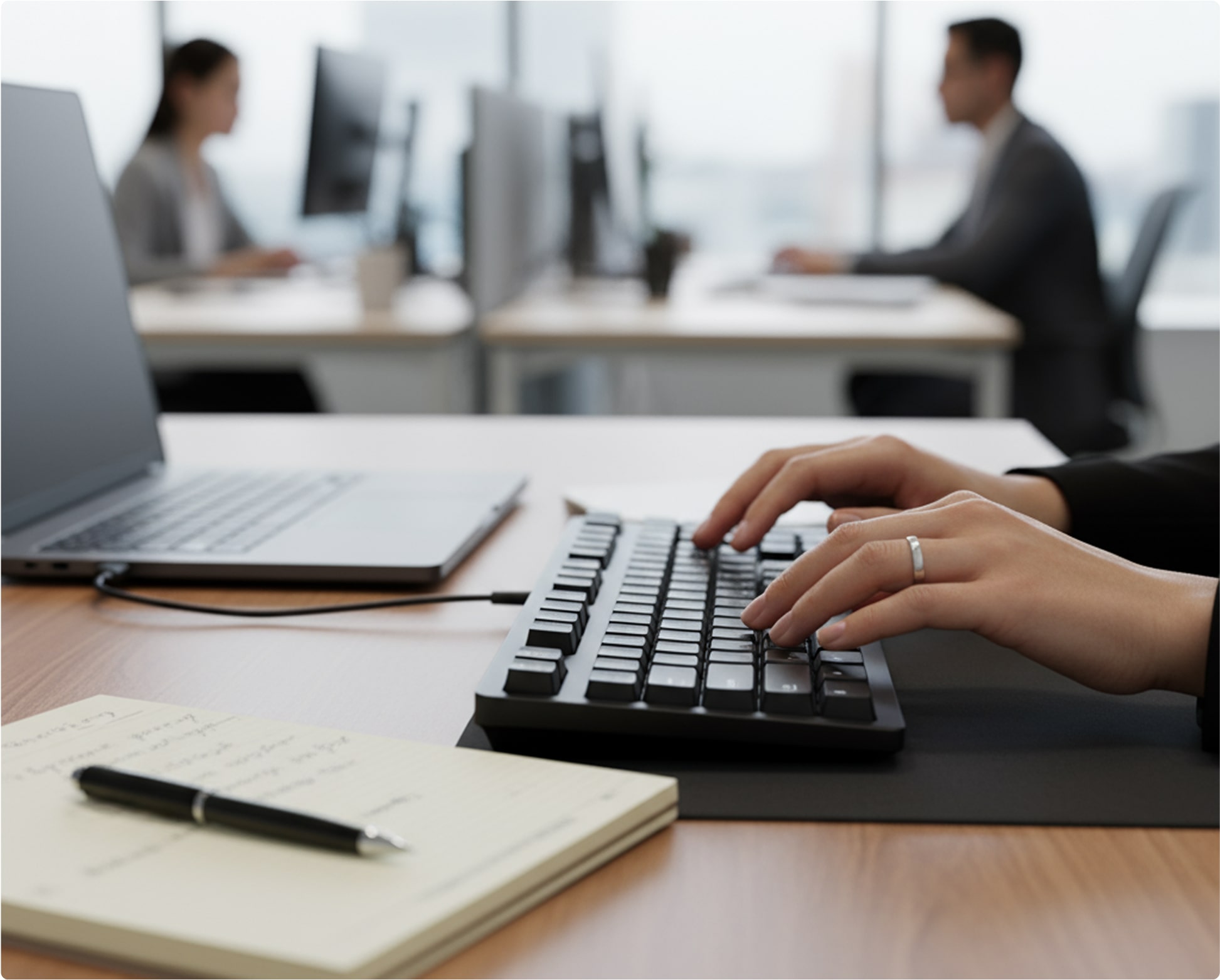 Close-up of hands typing on a keyboard with a laptop, notebook, and pen on a desk in a modern office setting with two blurred coworkers in the background.