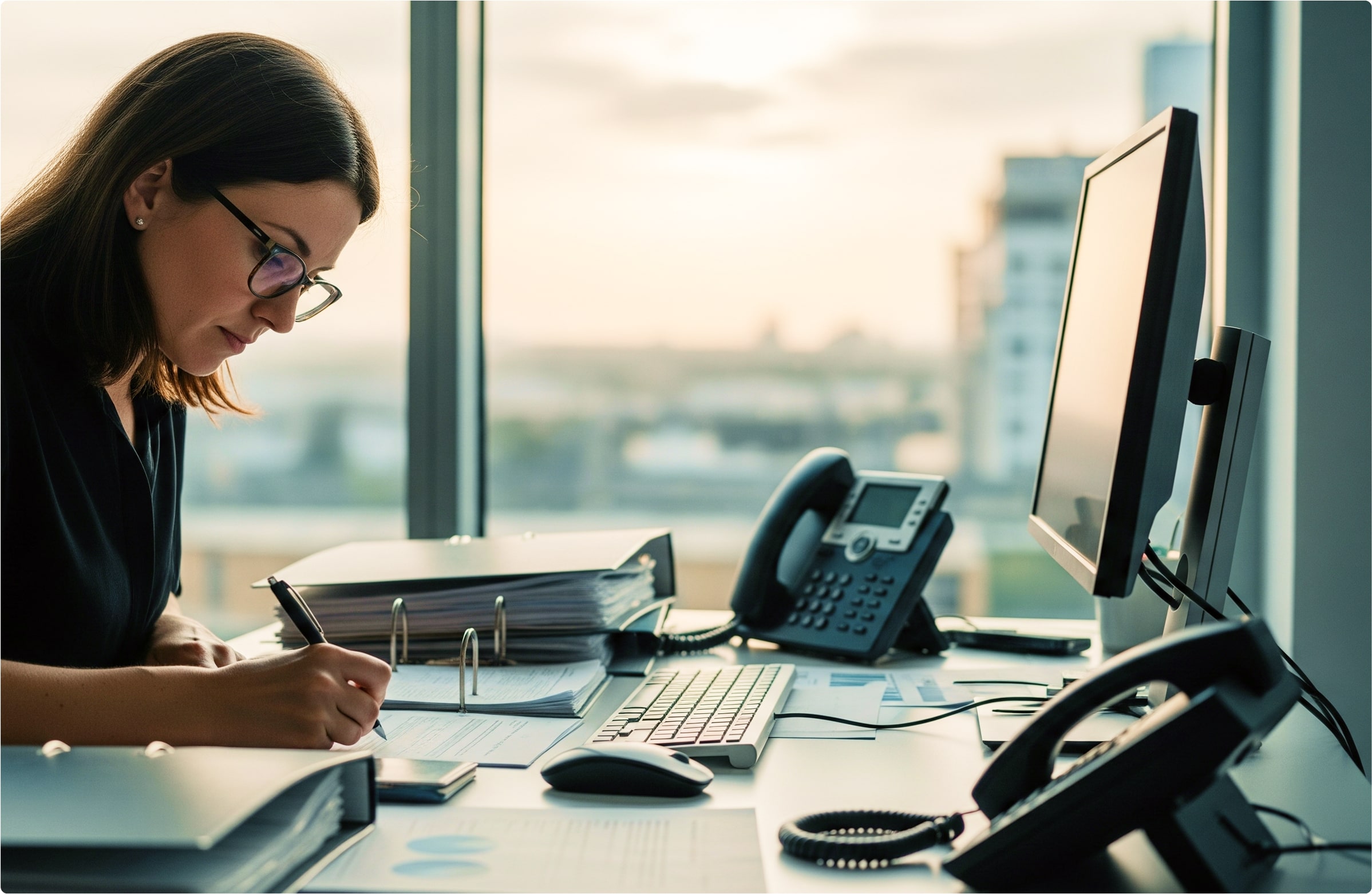 Young woman with glasses writing on documents at a desk with computer, phones, and binders in an office.