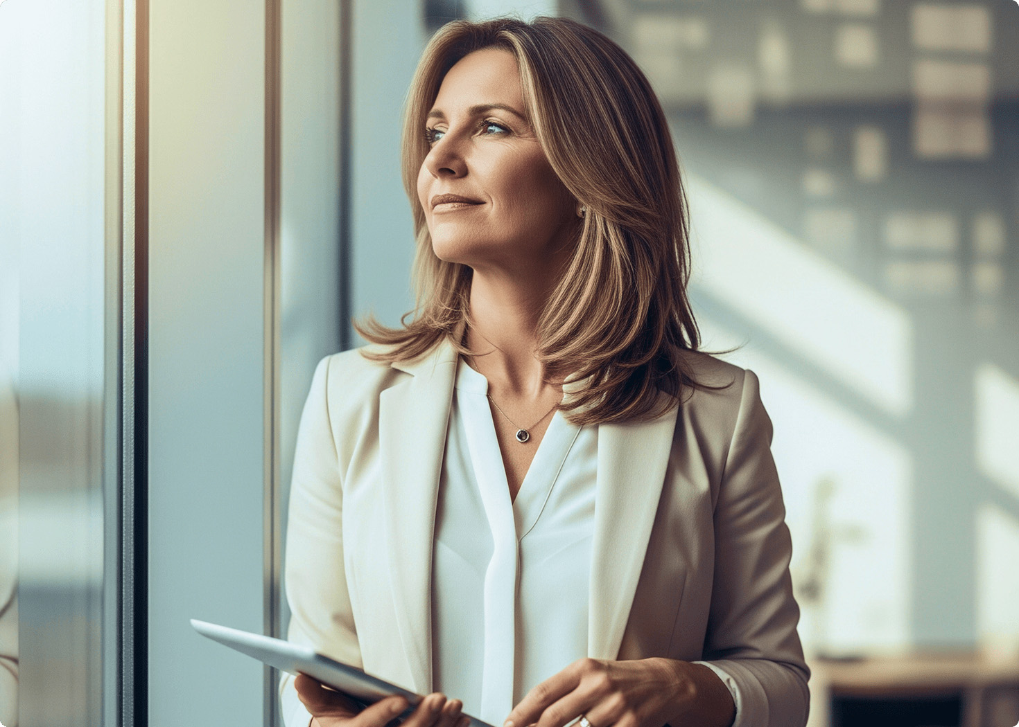 Professional woman in a white blazer holding a tablet and looking out a window thoughtfully.