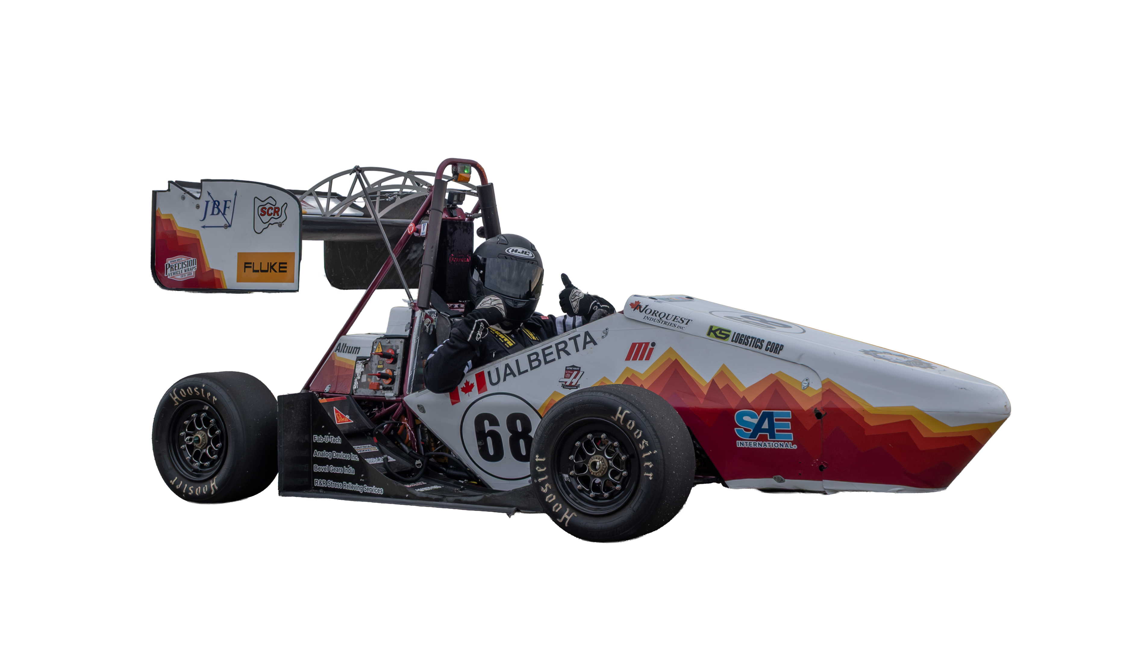 Formula racing car number 68 with driver giving thumbs up wearing black helmet and suit.