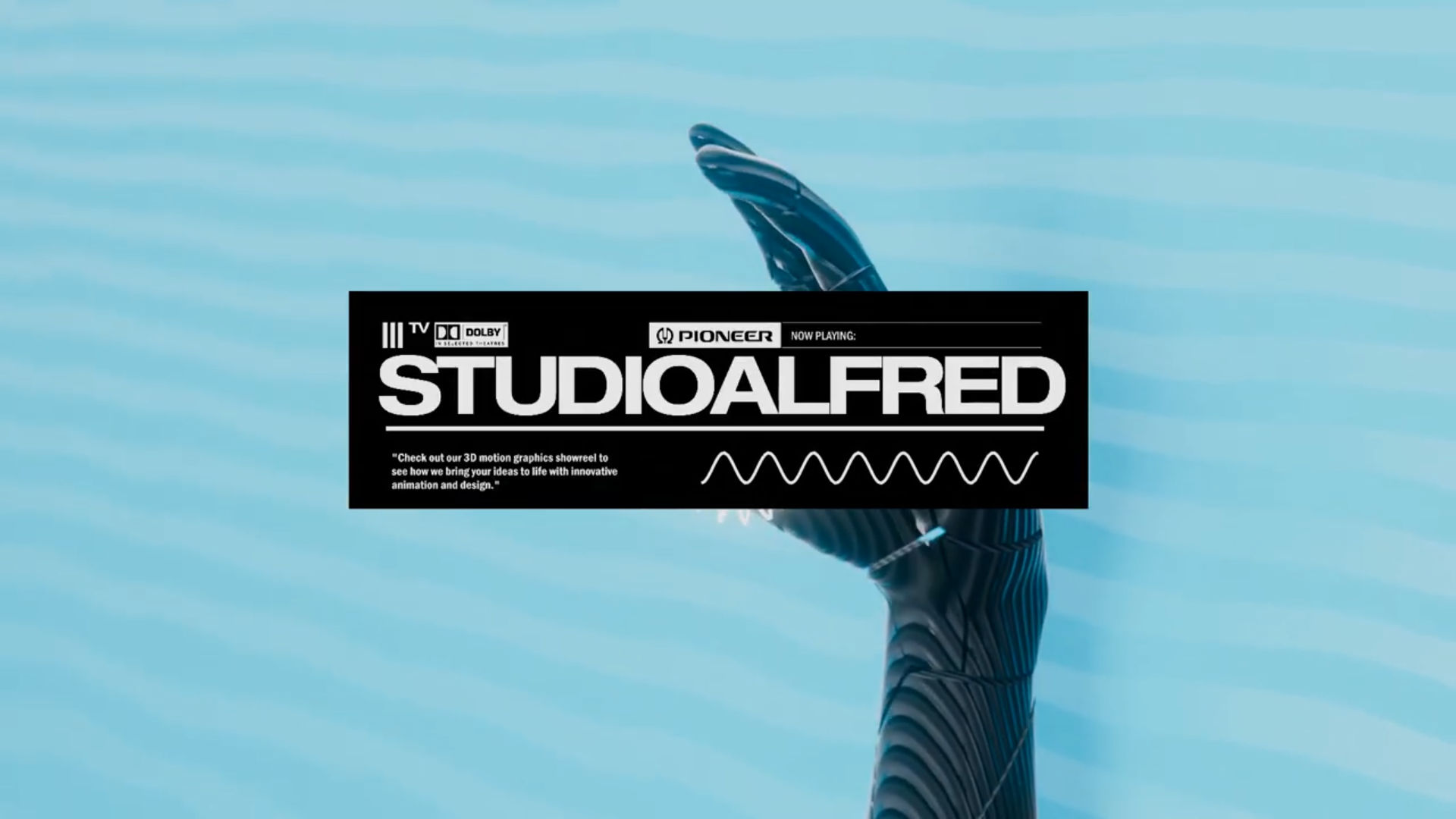Black robotic hand on a blue striped background with a black banner reading 'STUDIO ALFRED'.