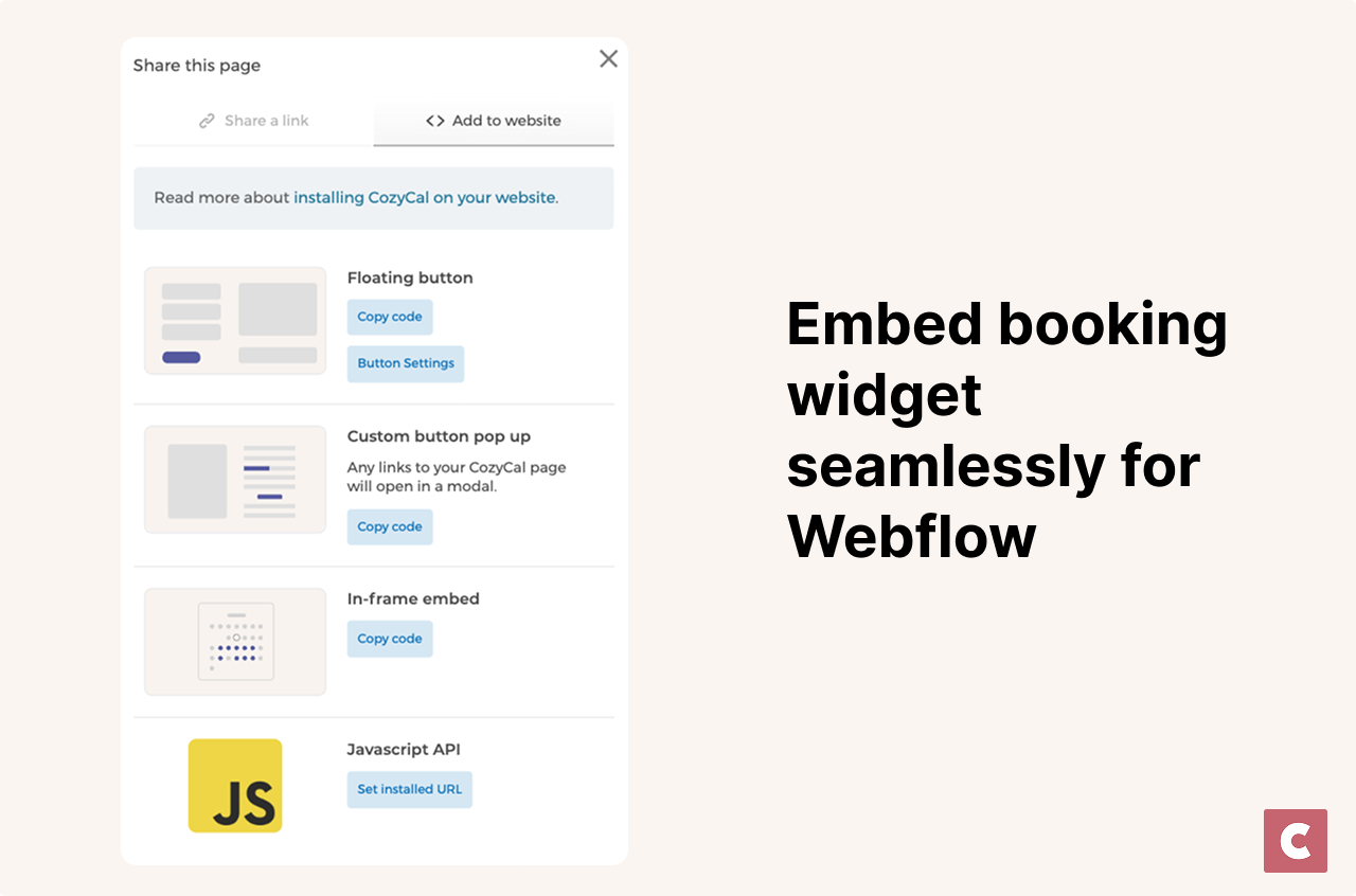 Embed CozyCal's booking widget seamlessly in Webflow