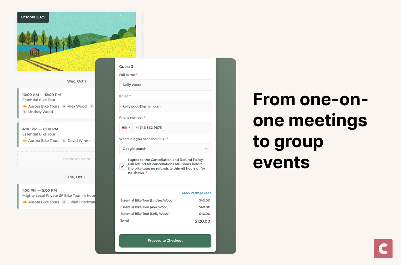 CozyCal supports booking one-on-one meetings and group events