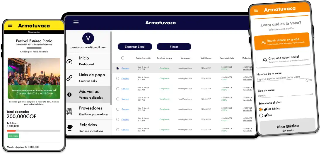 Three device screens displaying Armatuvaca app interfaces for event payment tracking, sales dashboard, and group funding options.