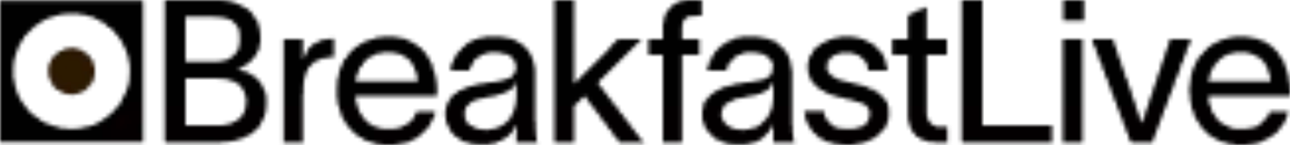 Logo with the word 'Breakfast' in stylized yellow font on a black background, featuring an orange dot above the letter 'i'.