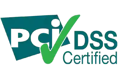 PCI DSS Certified logo with a teal shield, the letters PCI, a large green check mark, and text 'DSS Certified'.
