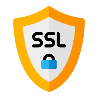 Shield icon with orange border displaying 'SSL' text and a blue padlock symbol on a white background.