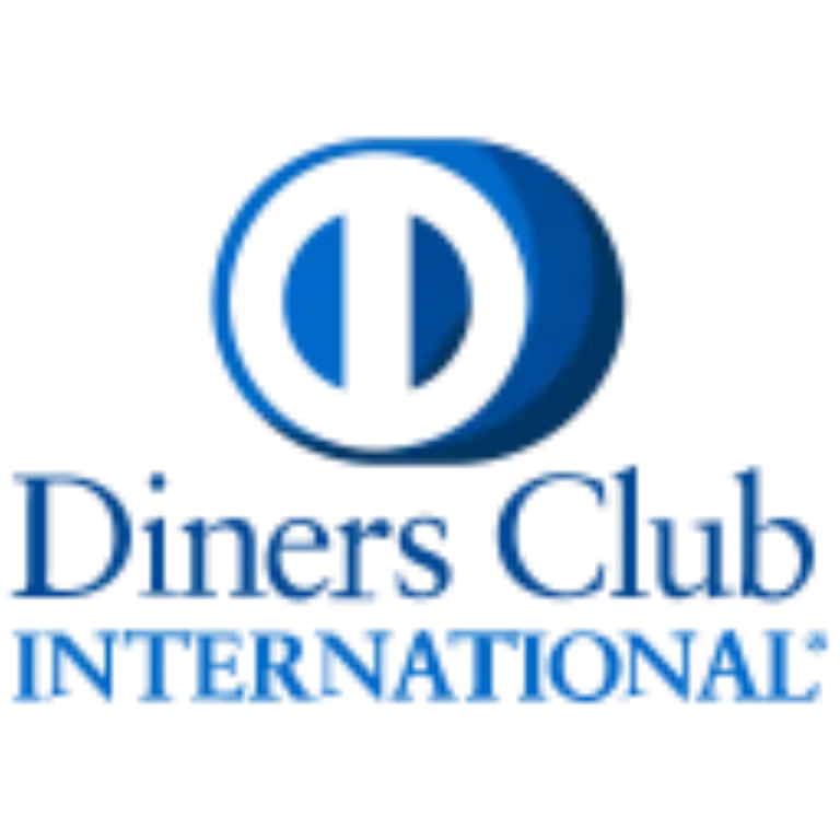 Diners Club International logo featuring a stylized blue circle with a vertical dividing line and text below.