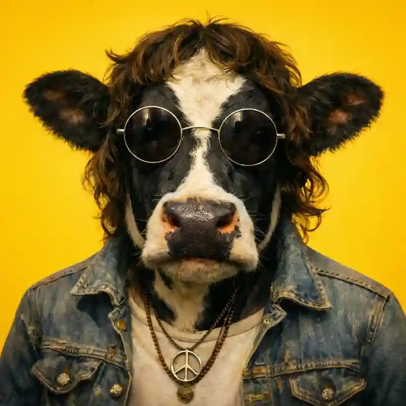 Cow wearing round sunglasses, a curly wig, a denim jacket, and peace sign necklaces against a yellow background.