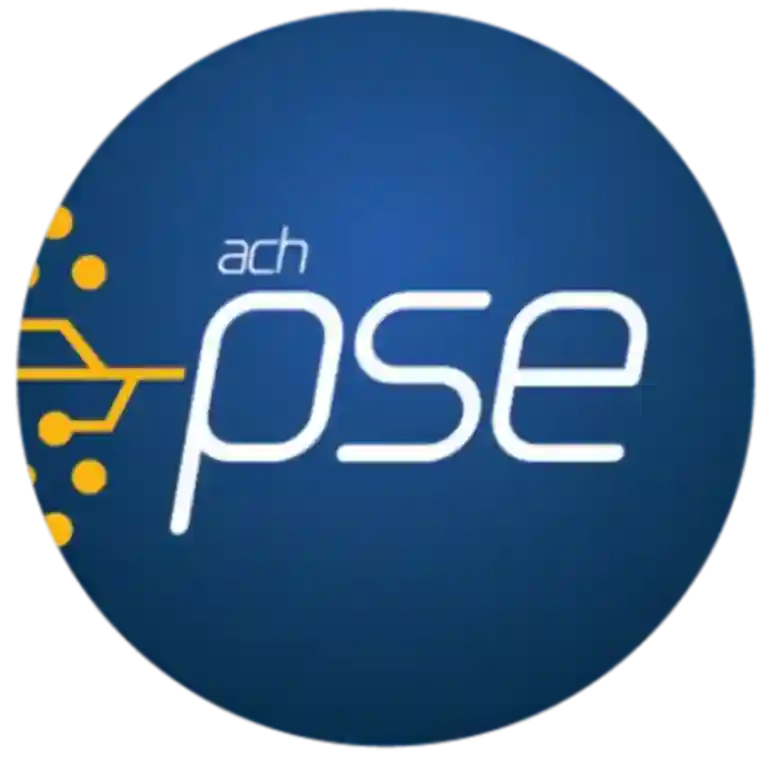 Blue circular logo with stylized text 'ach pse' and an orange digital circuit design on the left side.