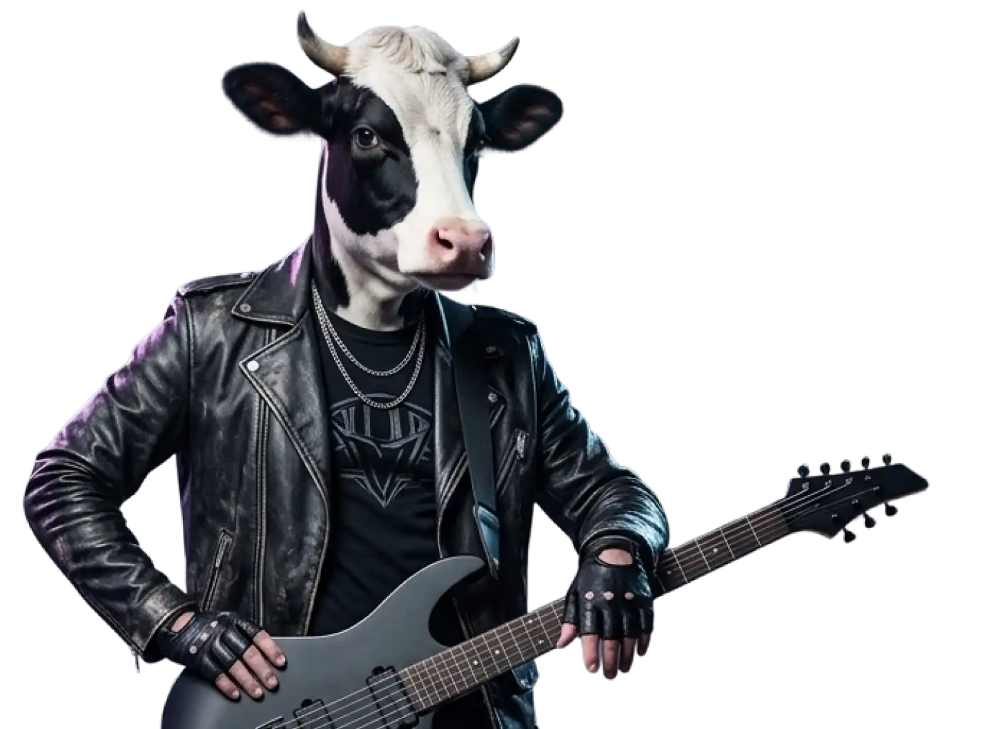 Person with a cow head wearing a black leather jacket and gloves playing an electric guitar.