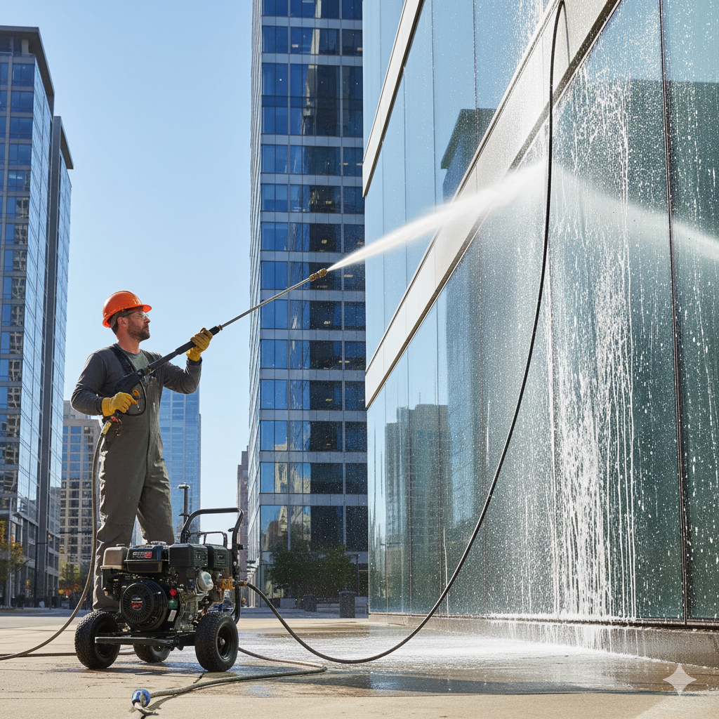 Worker pressure washing windows on side of building.
