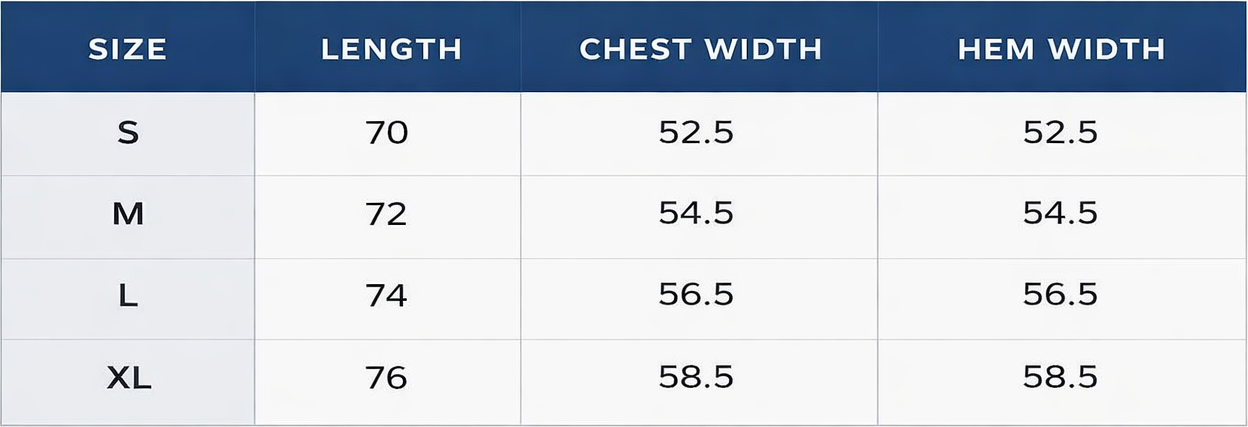 Clothing size chart showing measurements for Small, Medium, Large, and Extra Large sizes with length, chest width, and hem width in centimeters.
