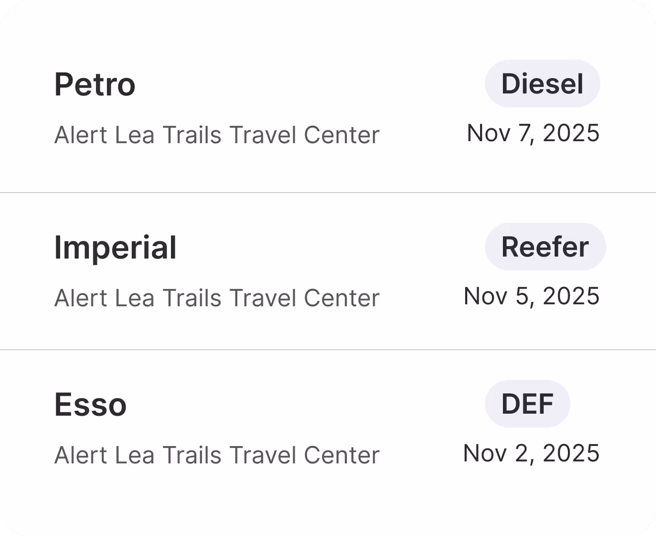 List showing fuel types Diesel, Reefer, and DEF at Alert Lea Trails Travel Center with respective dates Nov 7, Nov 5, and Nov 2, 2025.