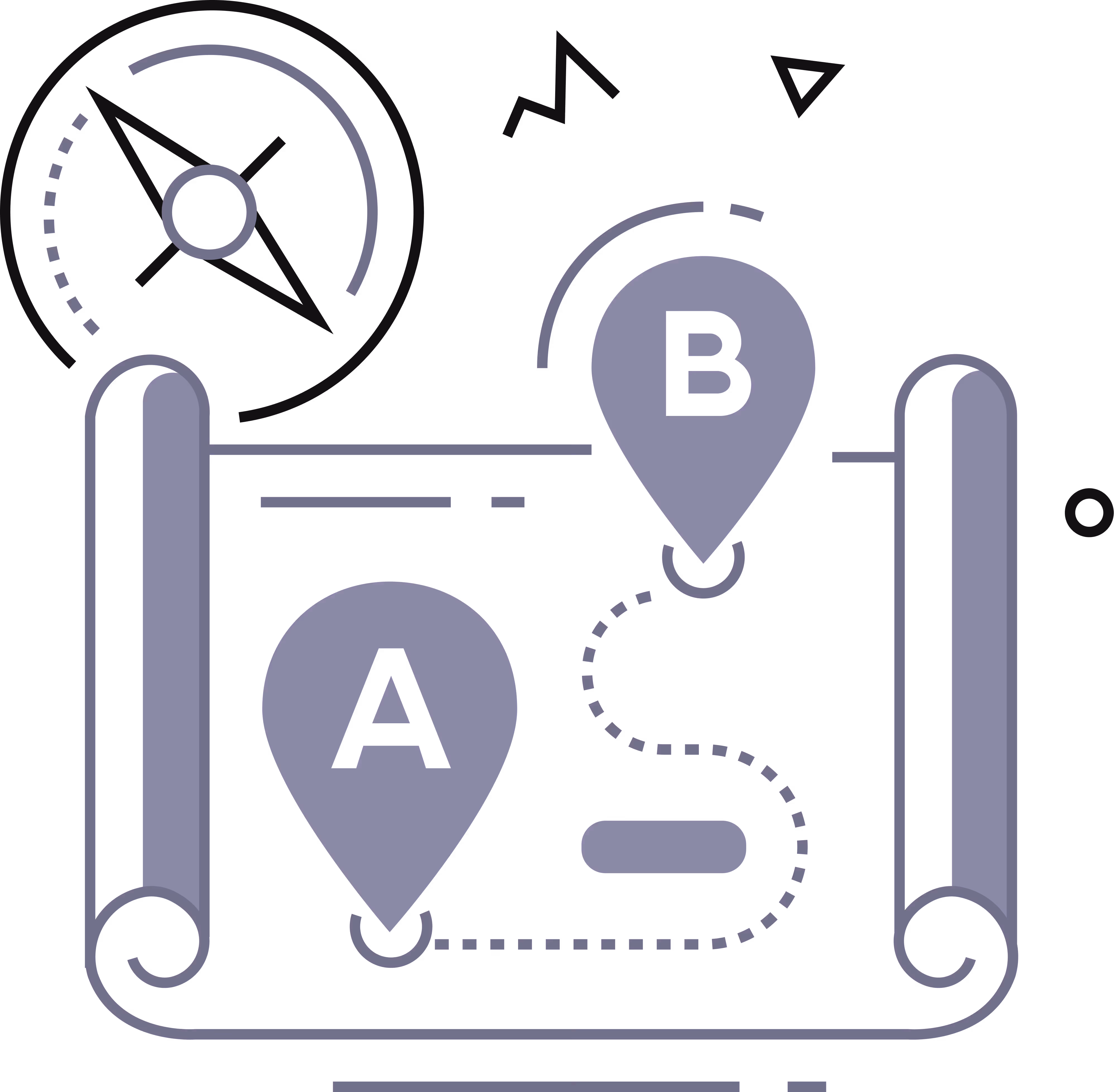 Illustration of a map with location markers labeled A and B connected by a dotted route path and a compass in the top left corner.