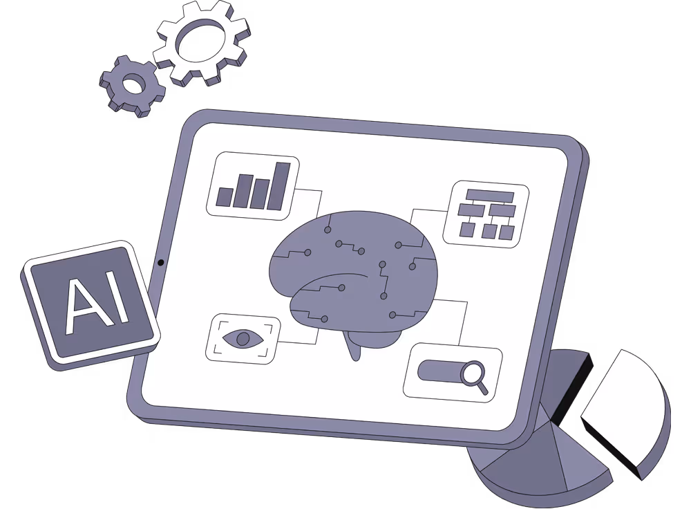 Tablet displaying a brain connected to icons representing data analysis, organizational chart, search, and an eye, with AI symbol and gears nearby.