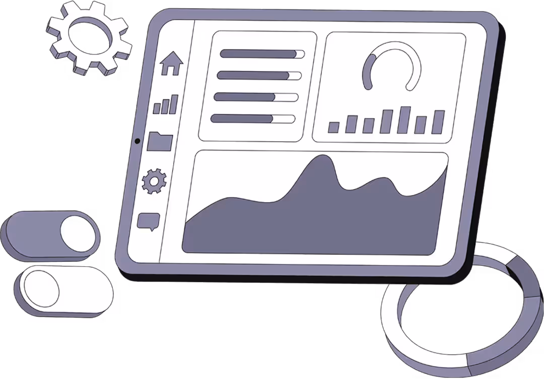 Illustration of a dashboard with charts, graphs, and toggle switches around a tablet device.