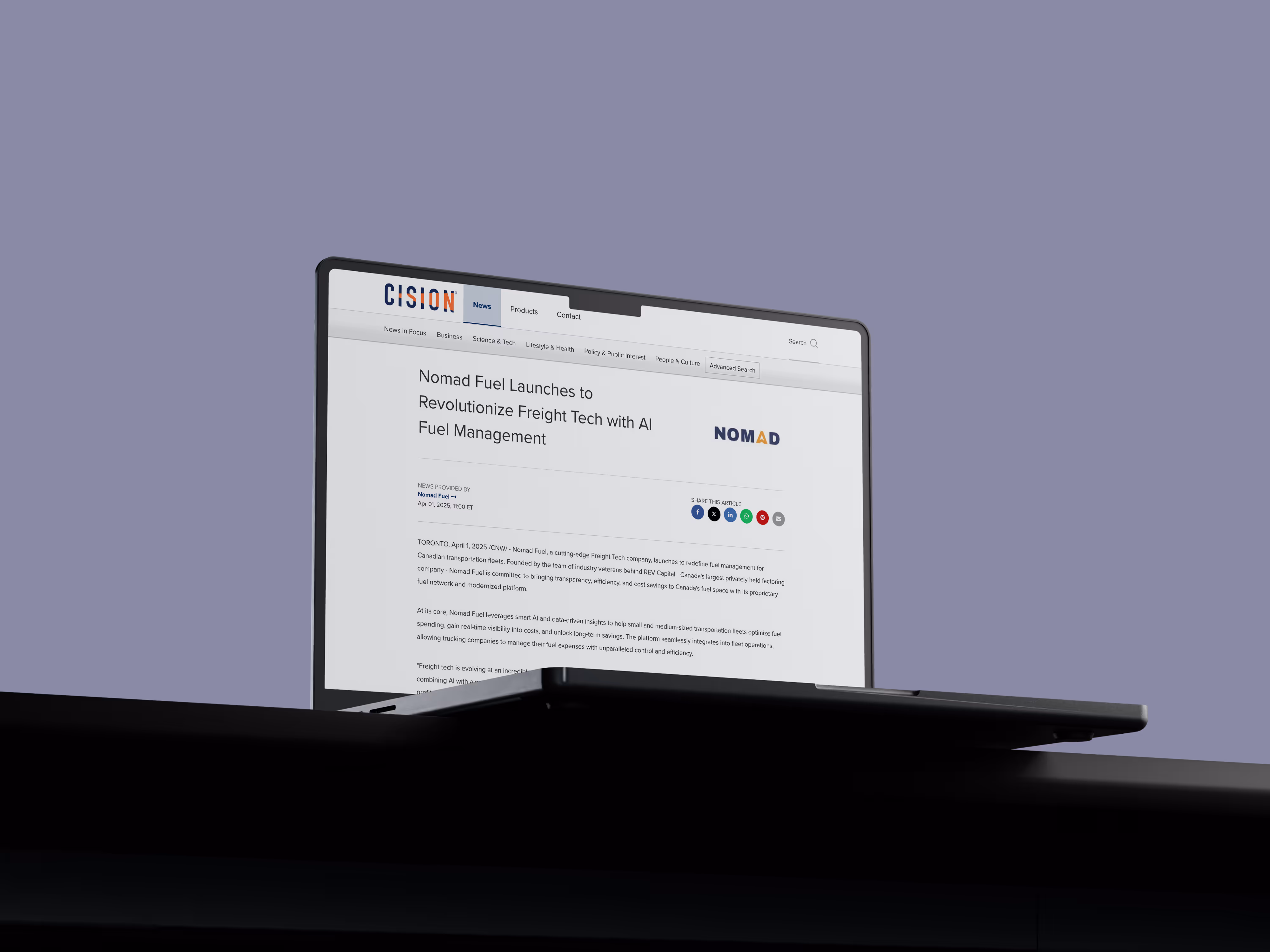 Laptop on a desk displaying a news article titled 'Nomad Fuel Launches to Revolutionize Freight Tech with AI Fuel Management' on the CISION website.