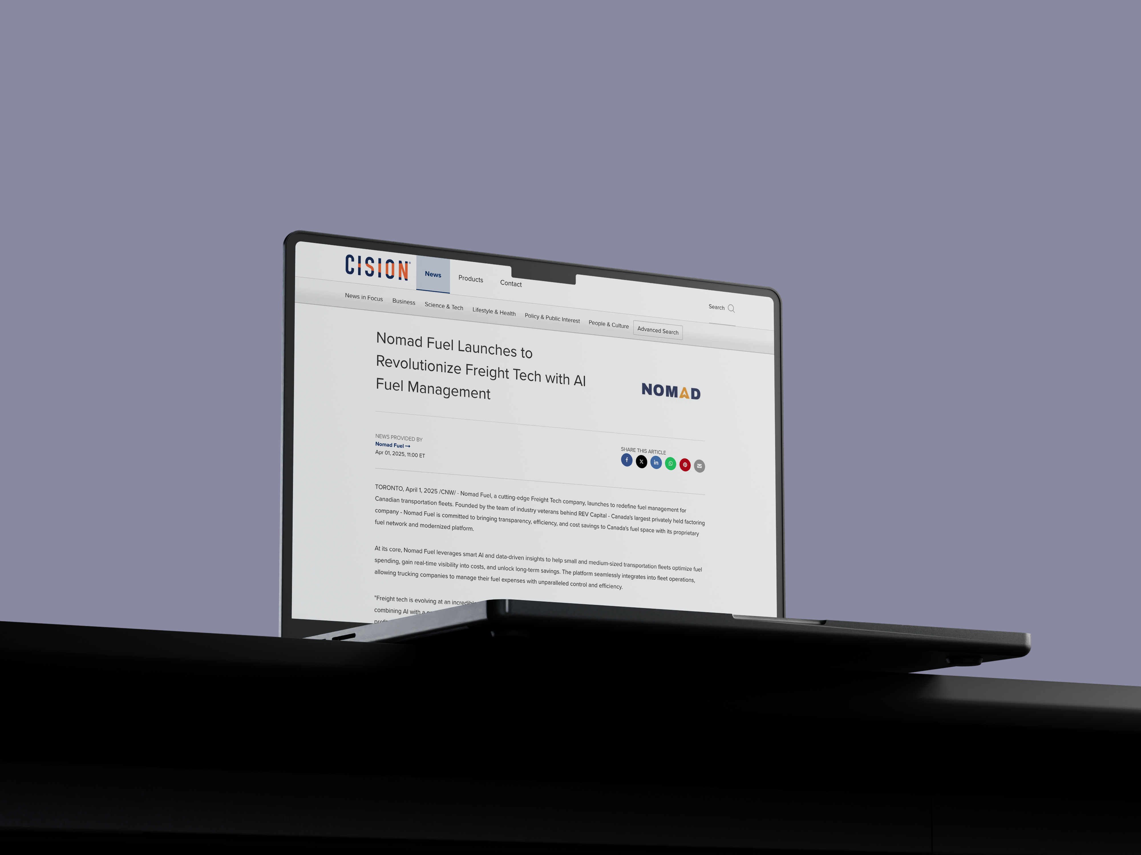 Laptop on a desk displaying a news article titled 'Nomad Fuel Launches to Revolutionize Freight Tech with AI Fuel Management' on the CISION website.