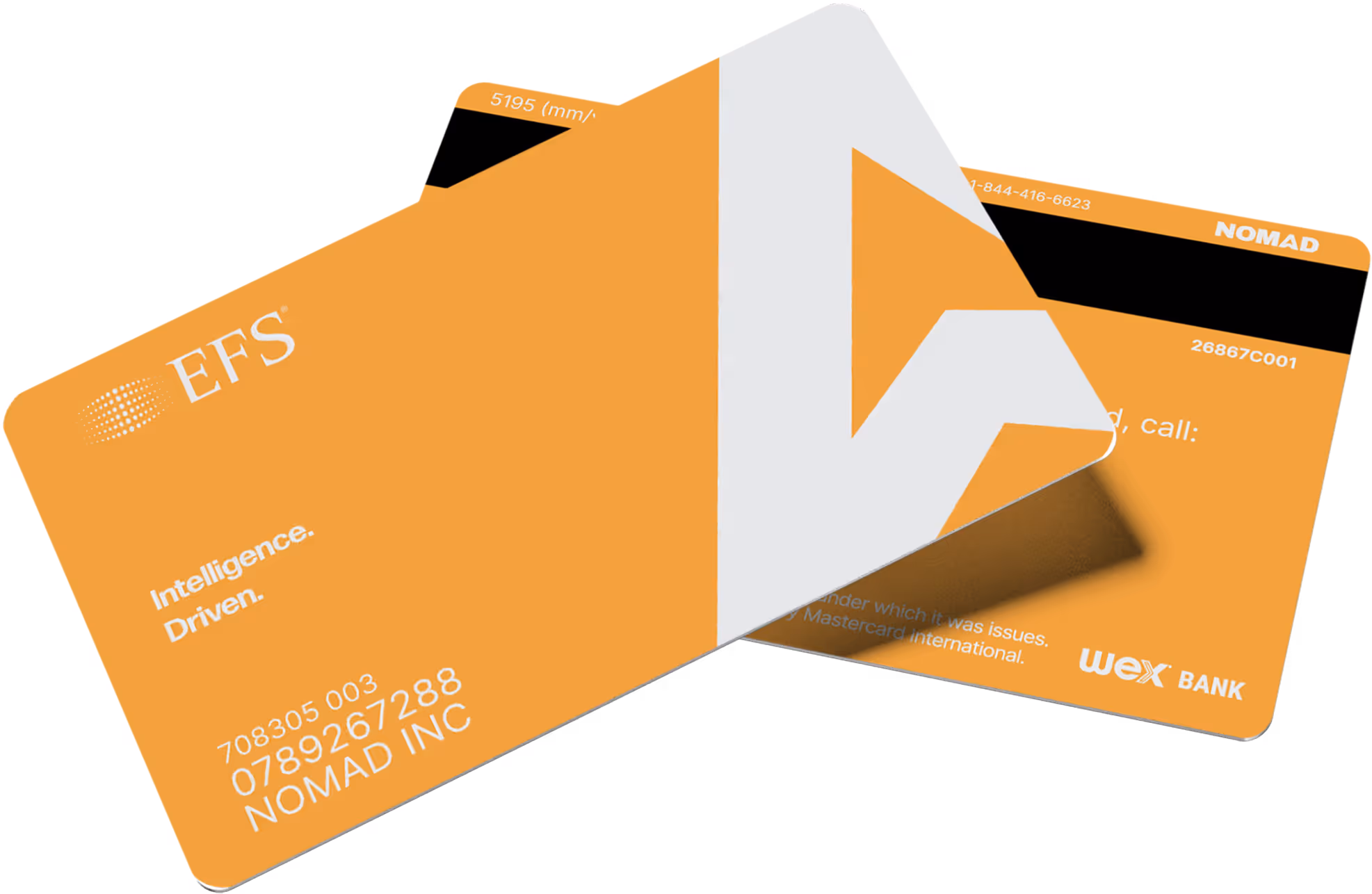 Mobile phone screen displaying Nomad app with an orange EFS fuel card, fuel consumption graph, and savings summary, alongside a large EFS fuel card.